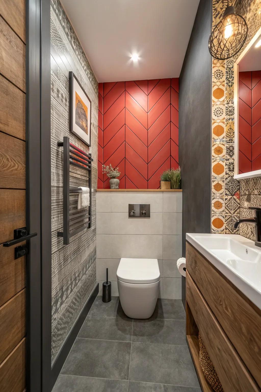 A bold accent wall creating a dramatic focal point in the bathroom.