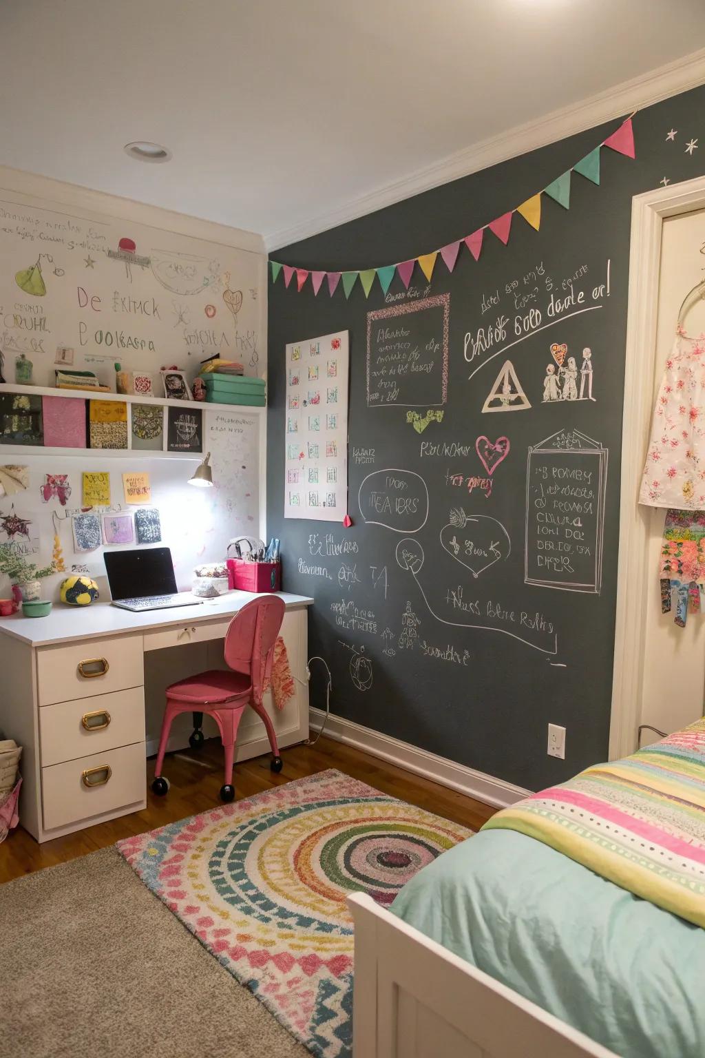 A chalkboard surface is ideal for creative expression and evolving designs.