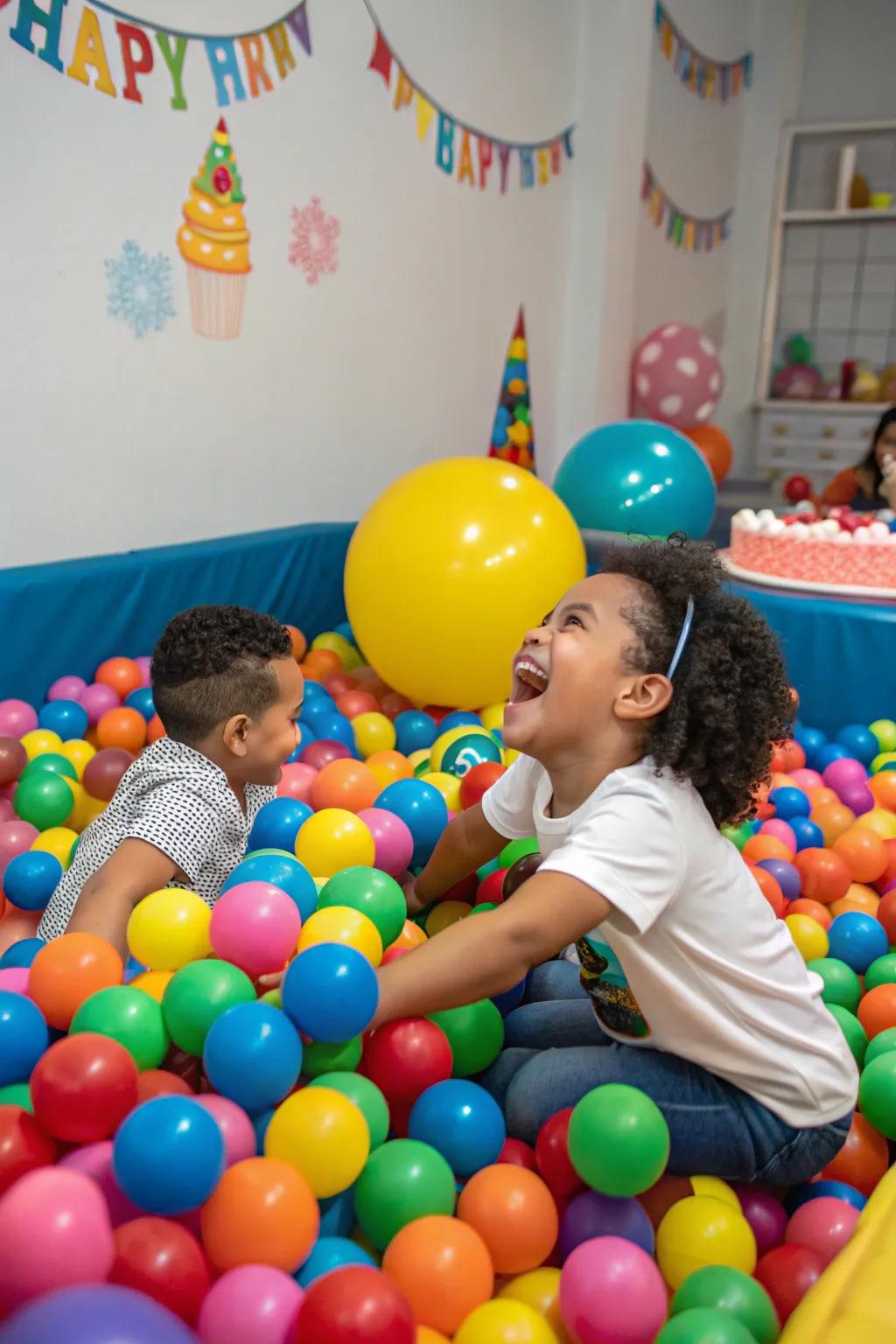 A vibrant sphere pool ensures giggles and joy at a first birthday celebration.