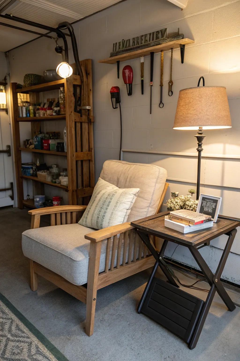 A relaxation corner adds comfort and a personal touch to your garage.