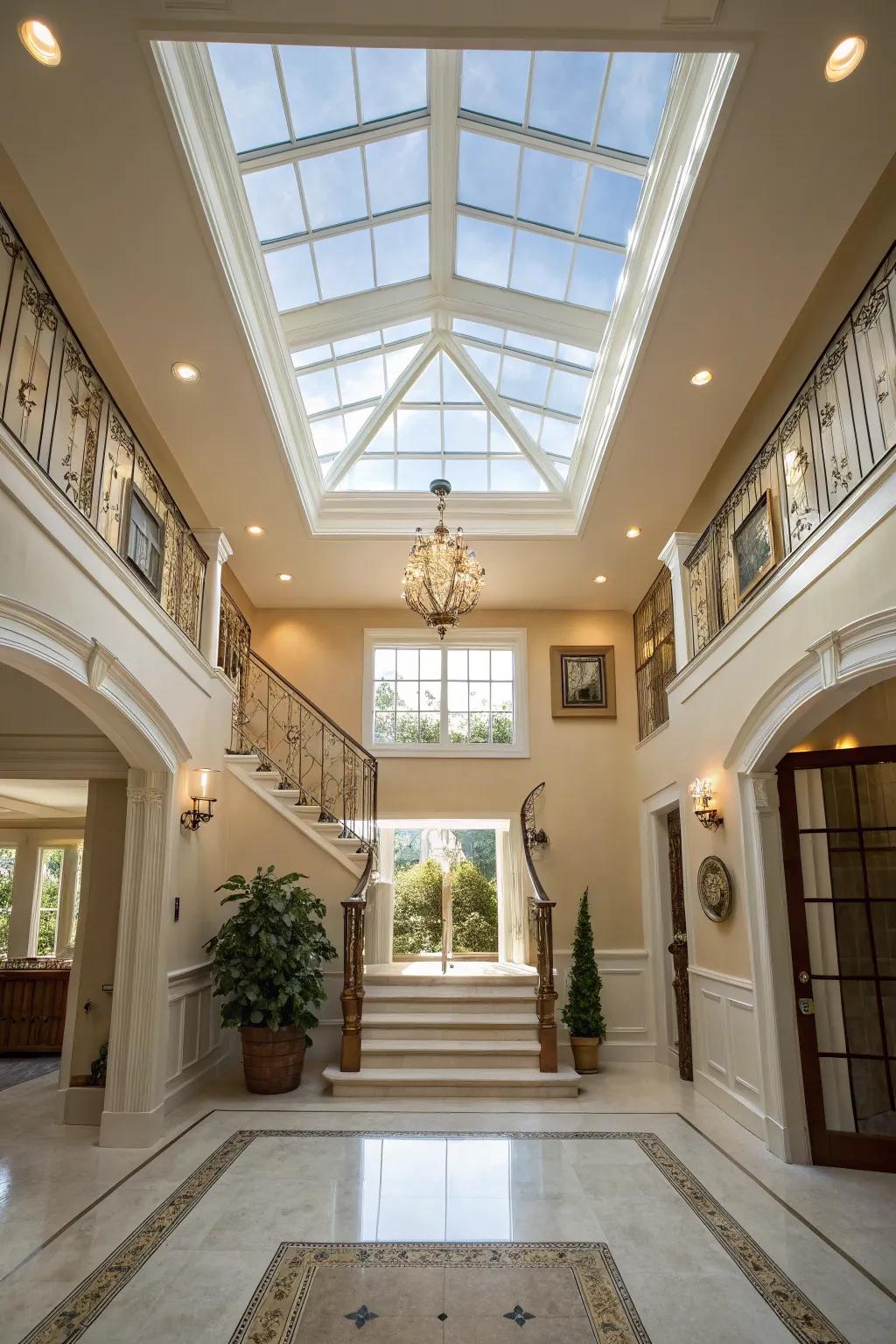 Skylights introduce natural light and enhance the foyer's airy feel.
