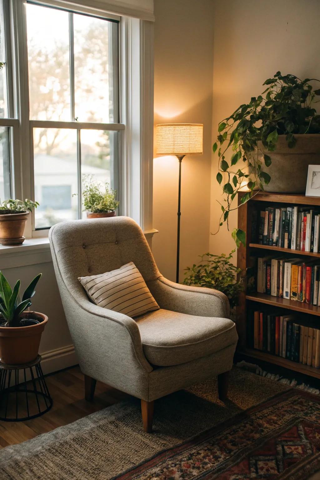 A reading nook serves as a personal retreat for relaxation.