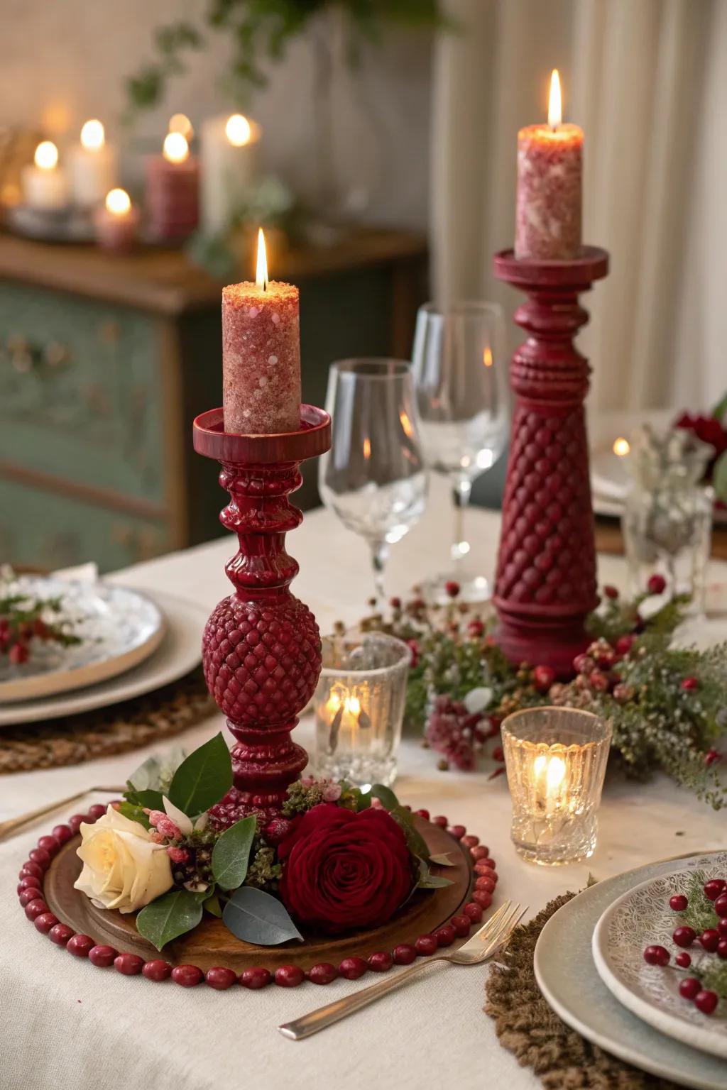 Handcrafted ruby light holders crafting a cozy ambiance.