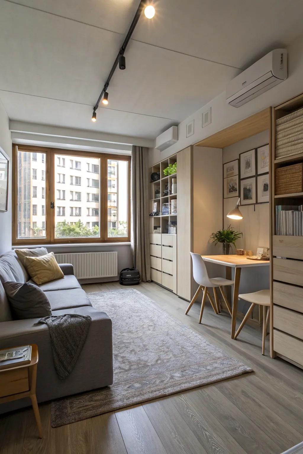 Adaptable furniture offers flexible solutions for dynamic studio living.