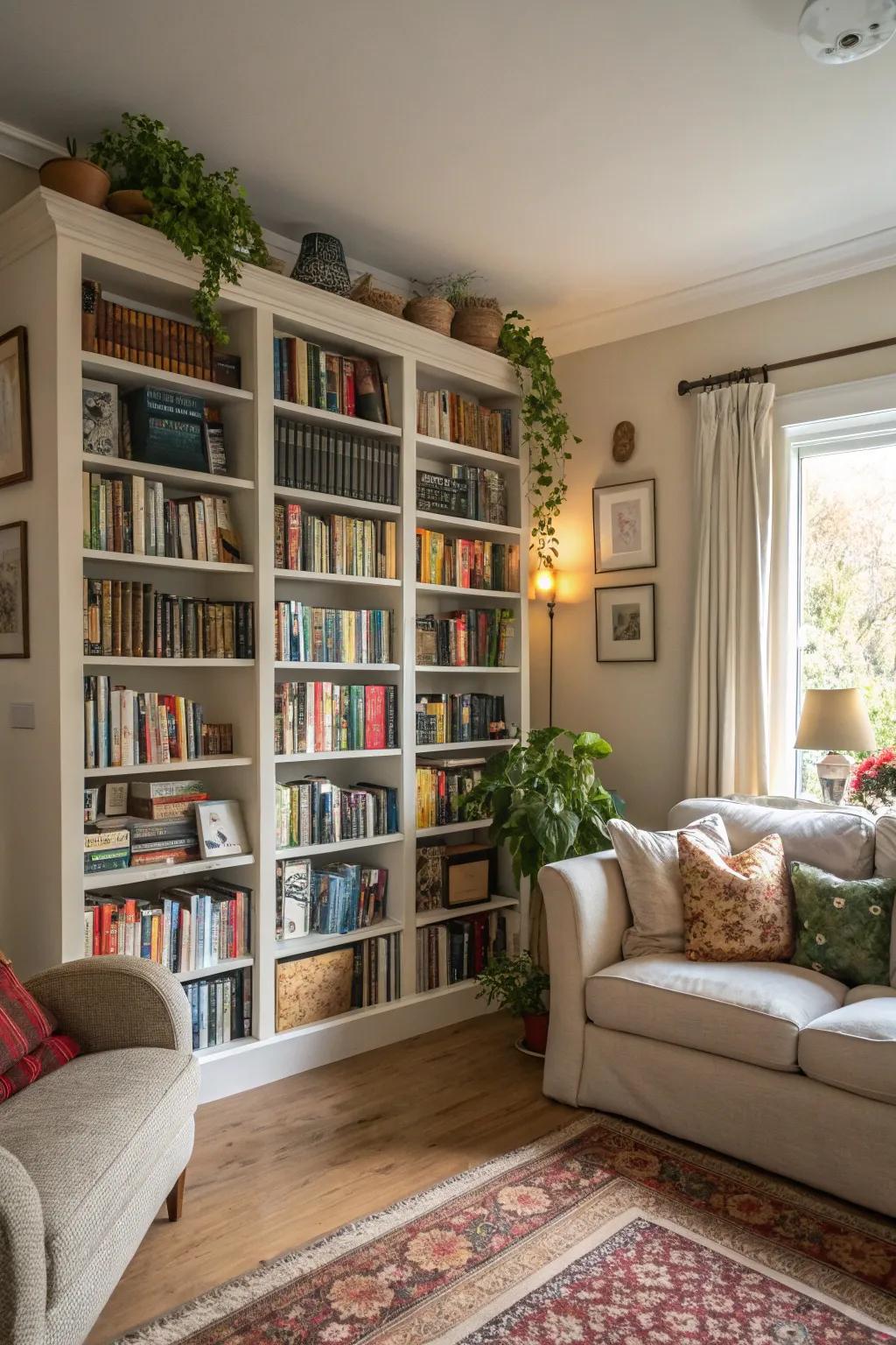 Tall bookshelves to make people look upward.