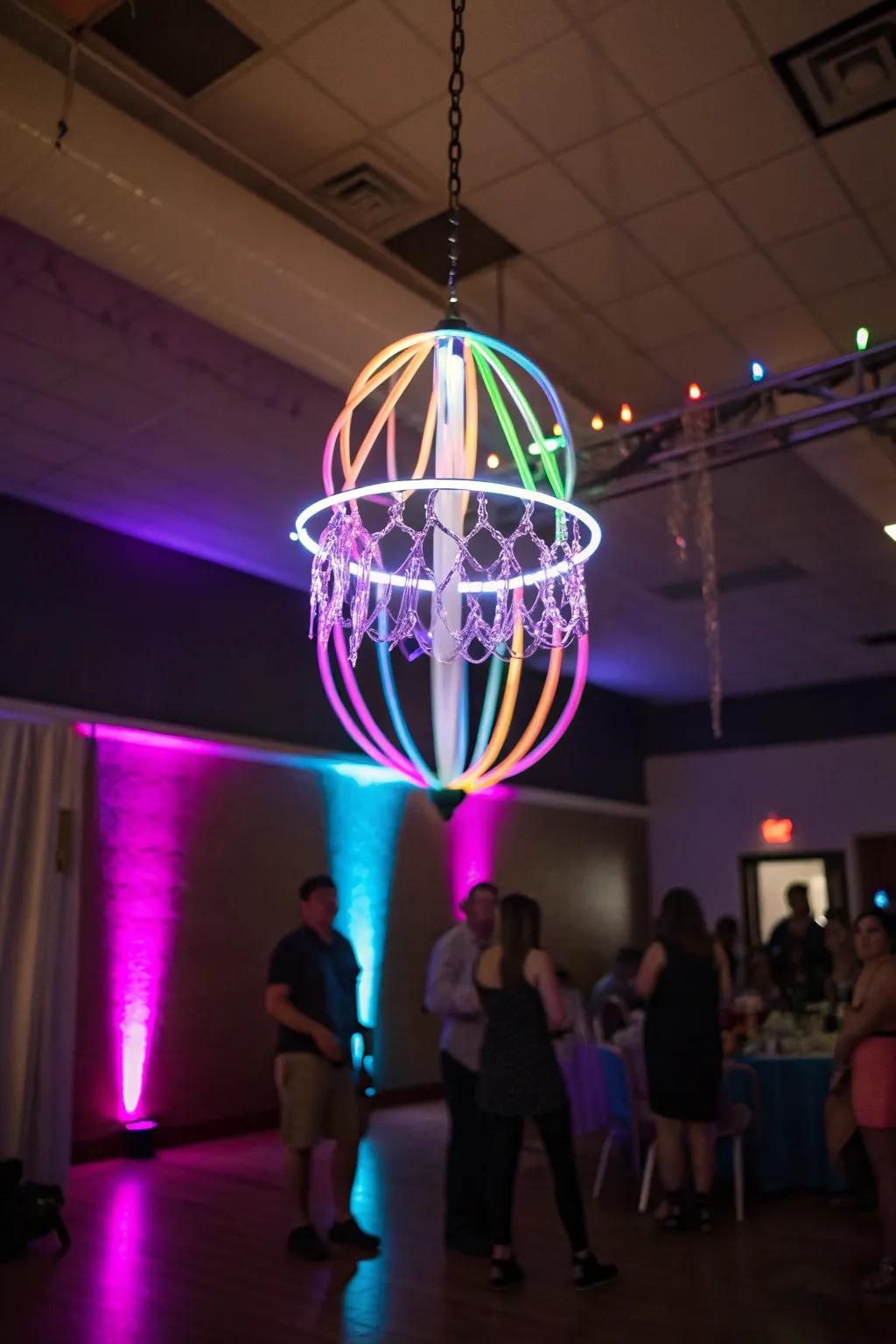 A luminous stick chandelier illuminates your celebration with vibrant colors.
