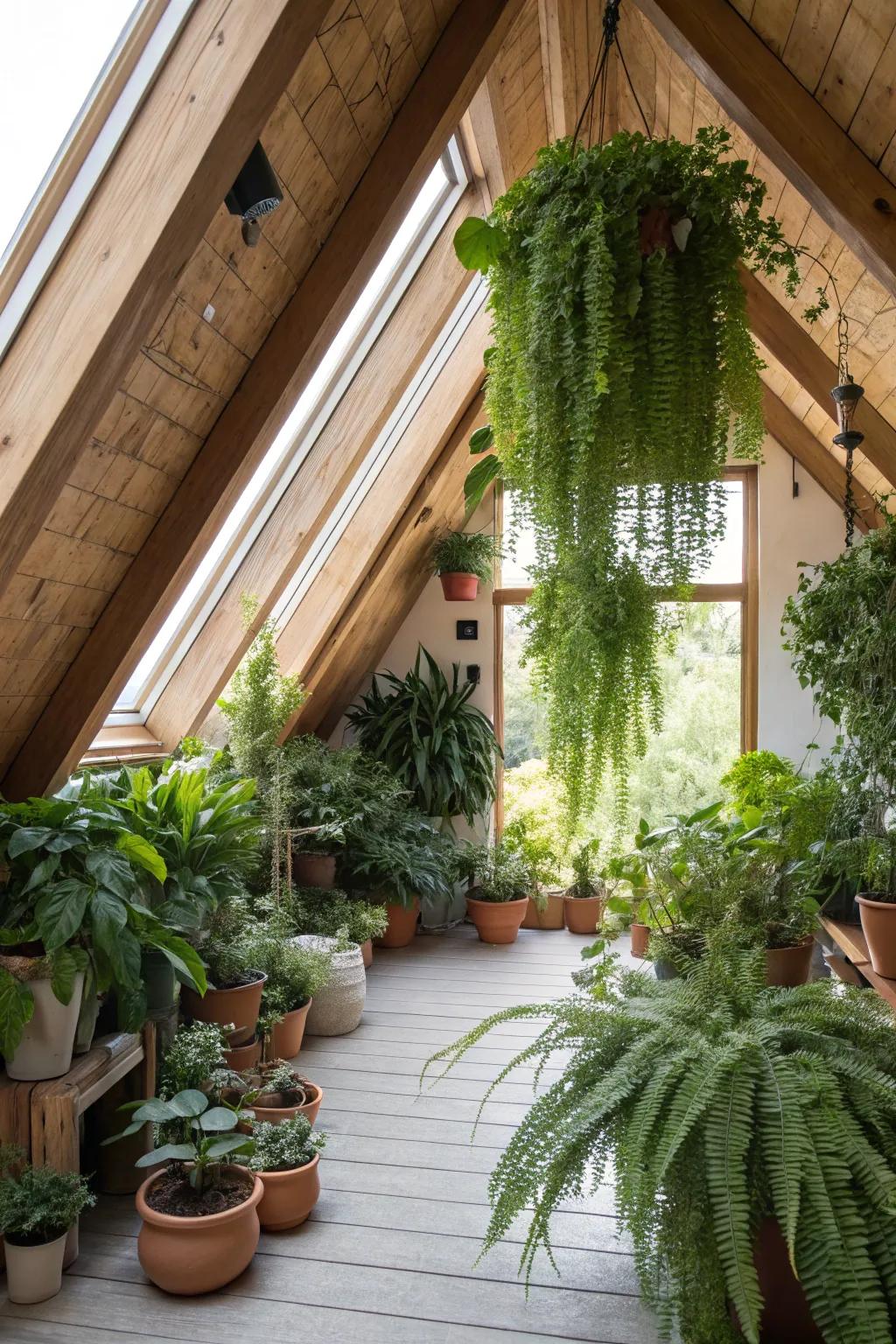 An indoor greenery spot introduces nature indoors and brightens your attic.