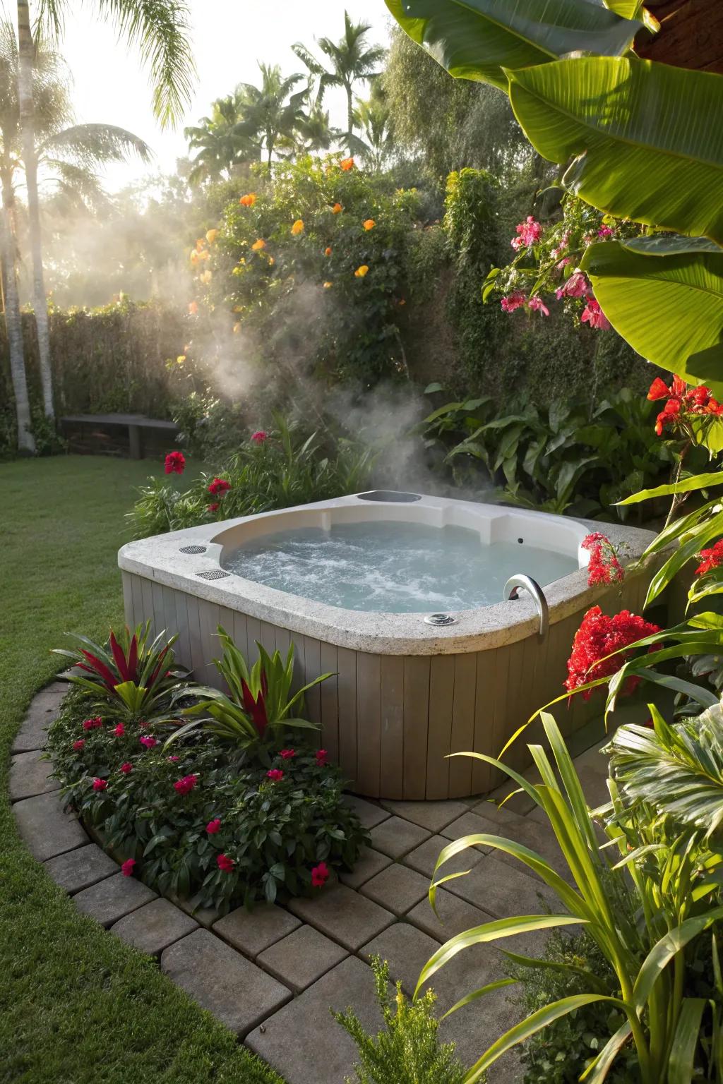 Tropical plants transmute your hot tub into an exotic escape.