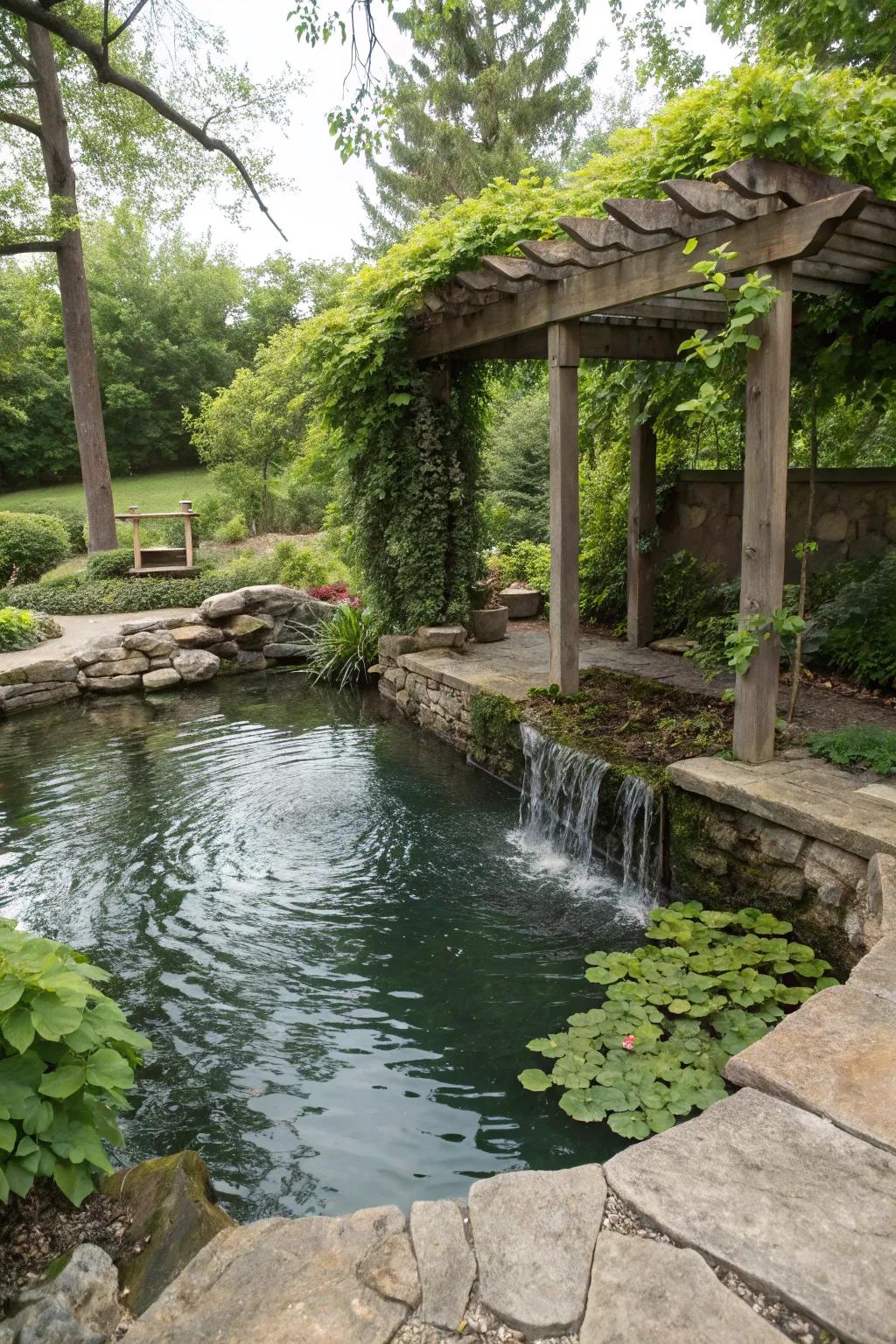A pergola offers shade and structure to this beautiful pond setting.