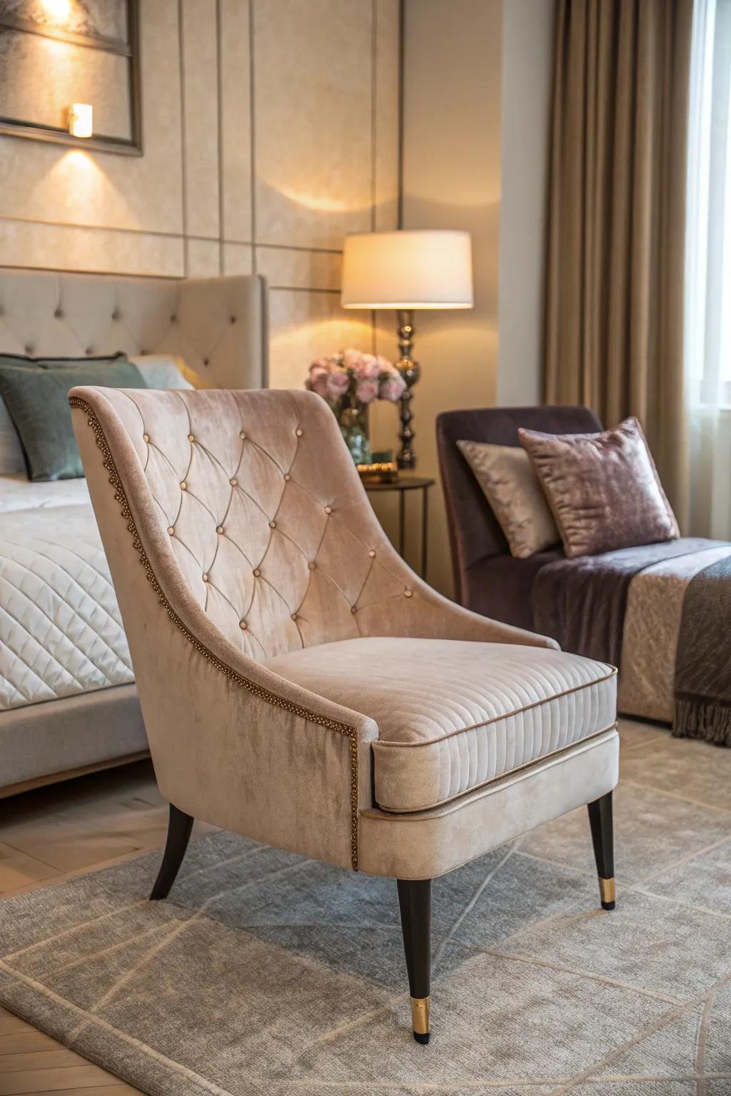 A velvet chair adds a touch of opulence to the bedroom.