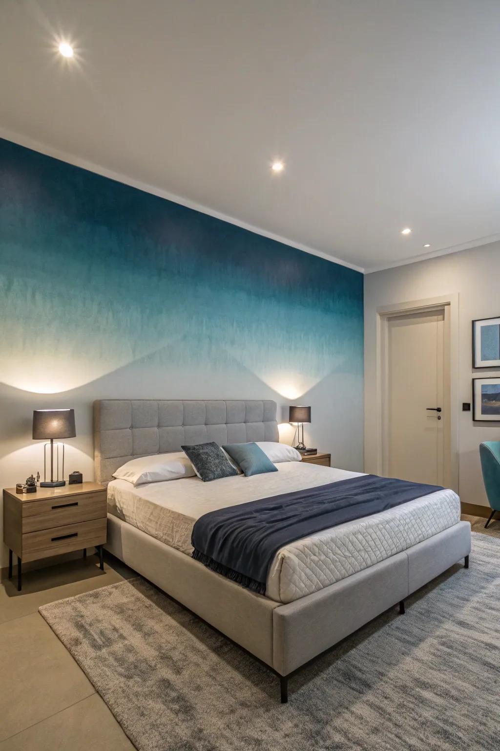 Gradient wash effects on the feature wall bring dynamic depth to the bedroom.