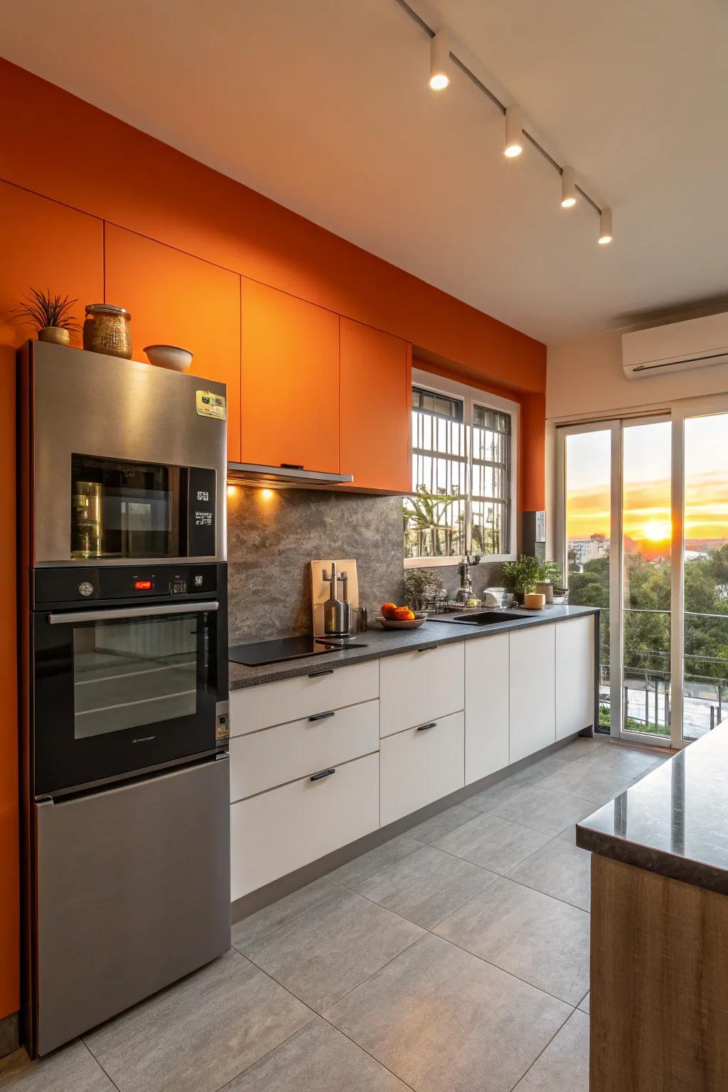A comforting kitchen featuring a sunset-inspired accent wall.