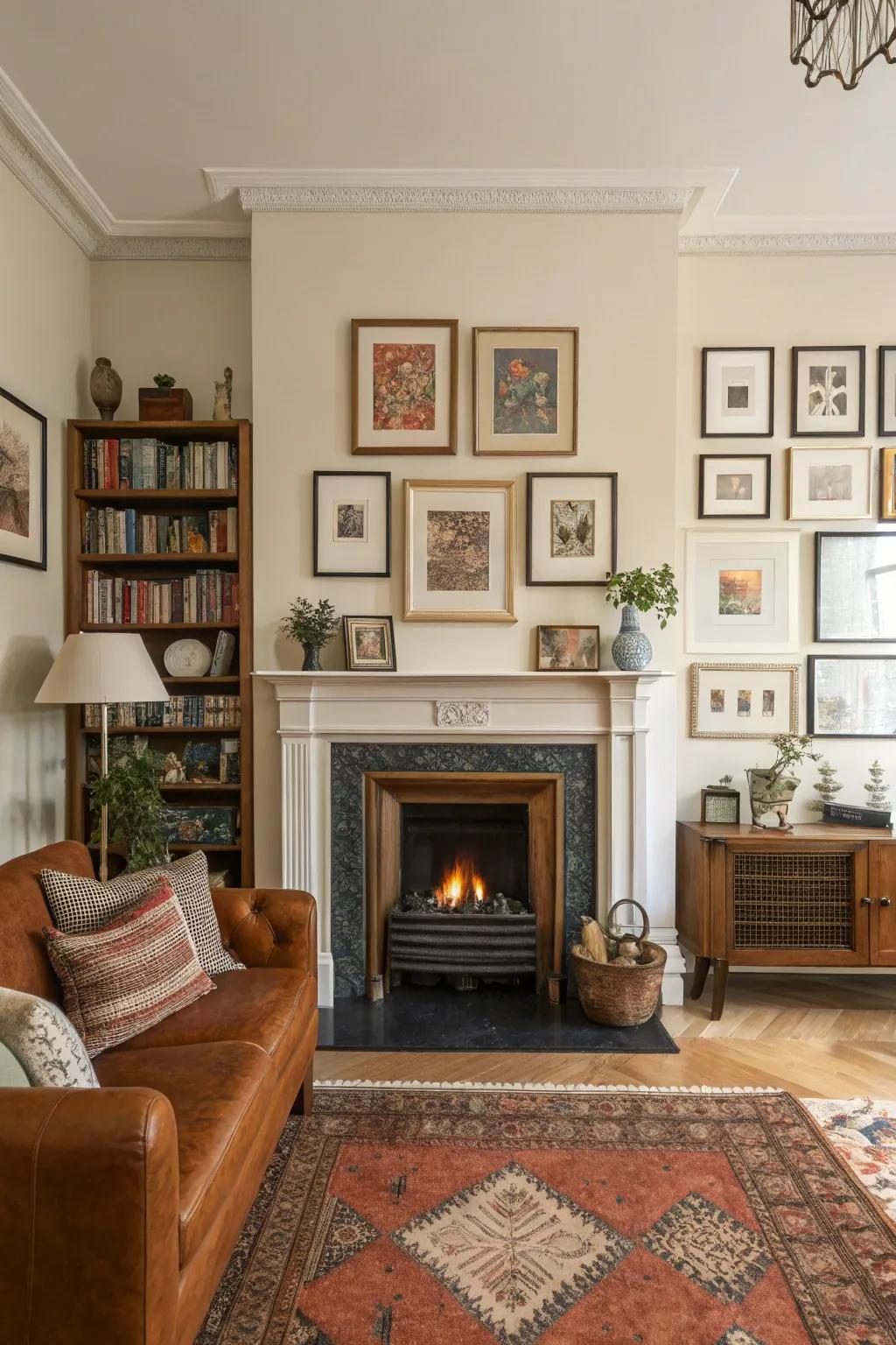 A visual display transforms the fireplace into a personal art exhibition.