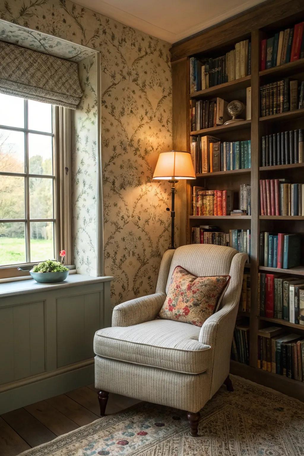 A reading space featuring vintage-style wallpaper for a nostalgic feel.