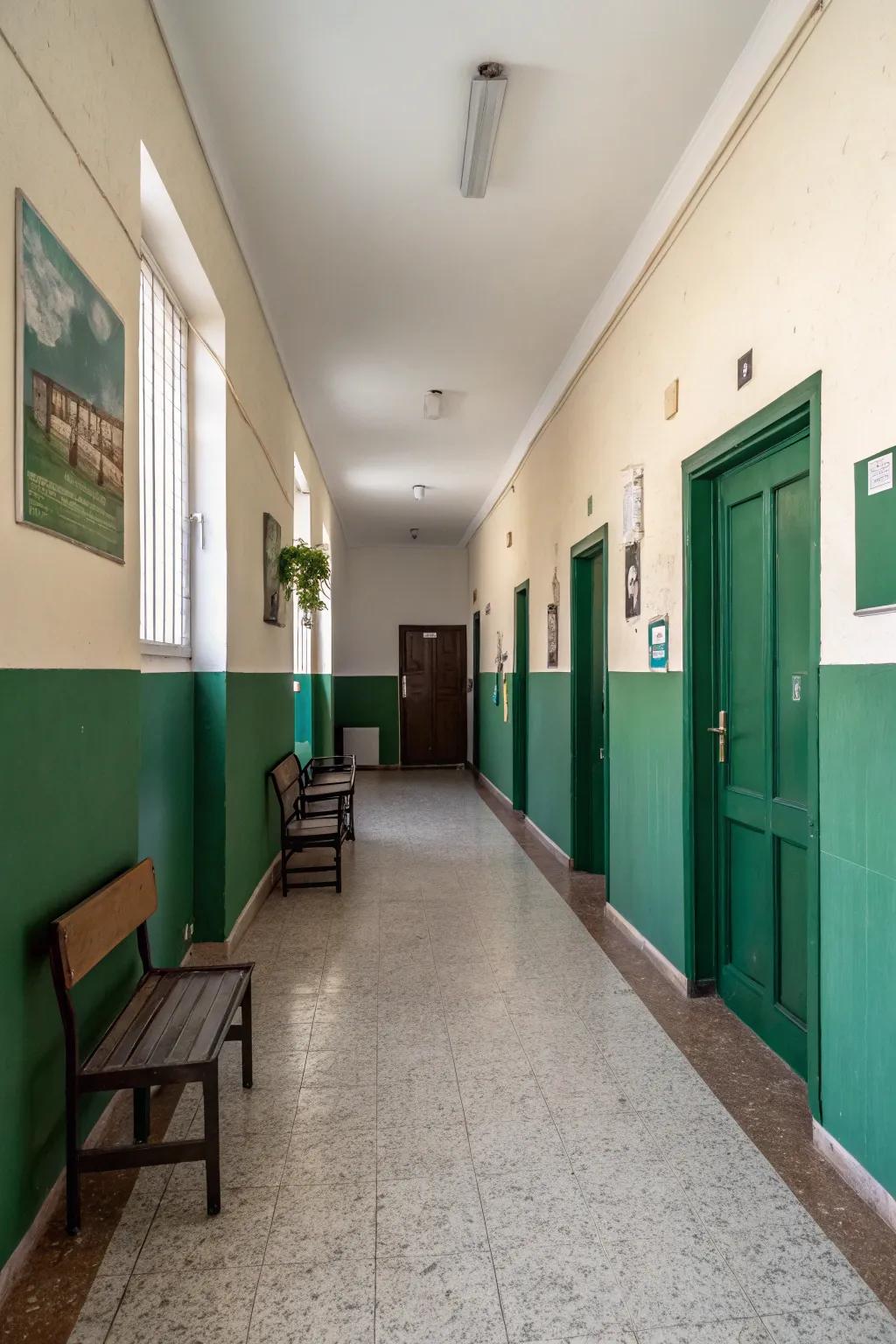 Partially coated walls append a distinctive aesthetic to a corridor.