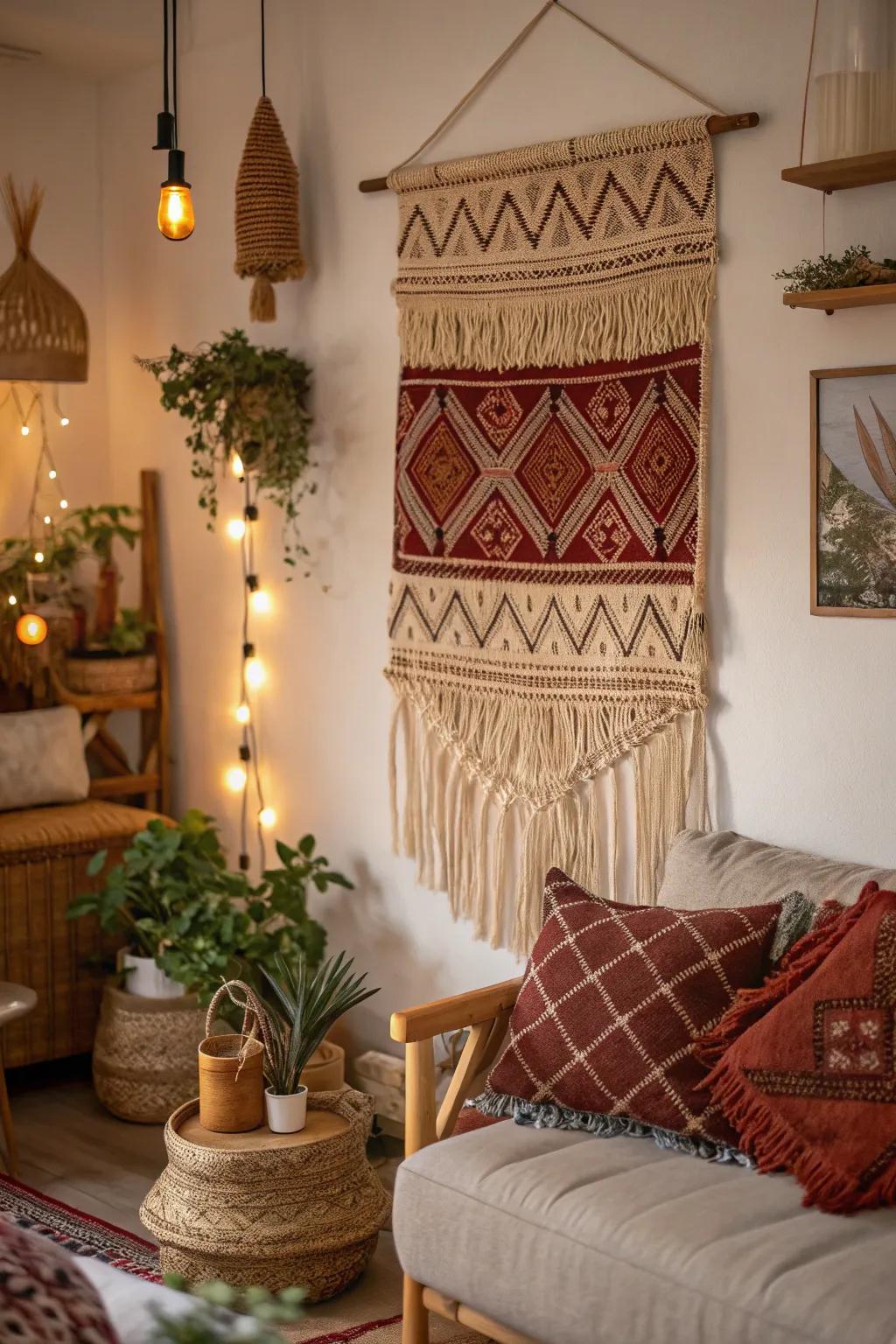 Textured wall hangings add depth and dimension.