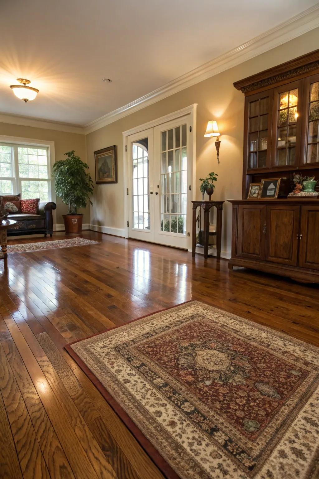Wood floors enhancing the colonial aesthetic of a room.