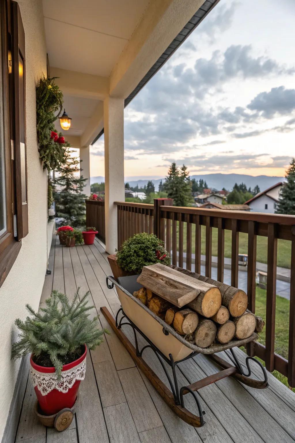 A retro sled contributes nostalgic charm to this balcony.