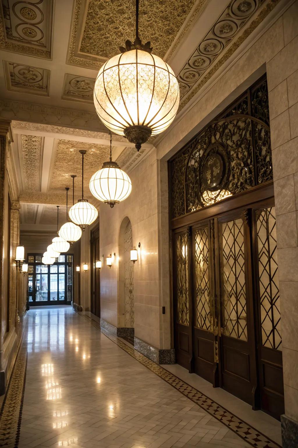 An entryway lit with stylish globe lights.