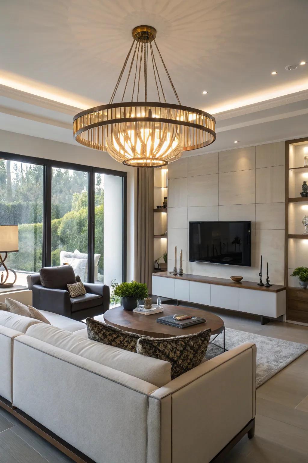 An impressive lighting fixture enhances the aesthetic of this modern living room.