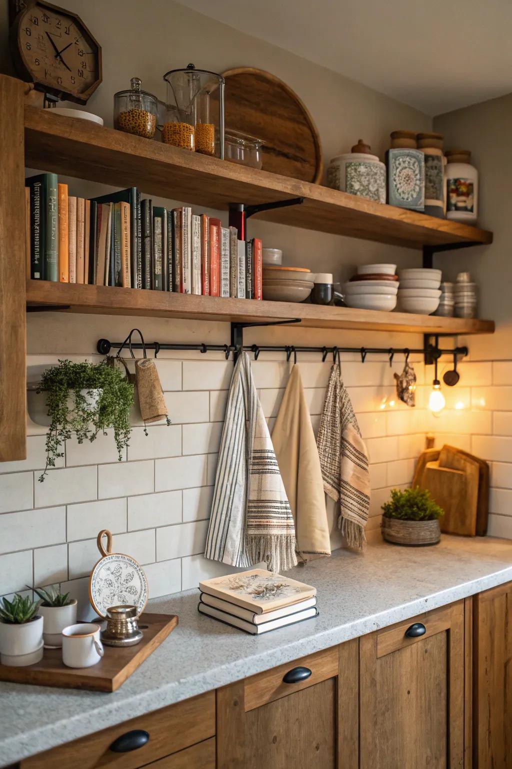 Suspended shelves merge practicality with elegance for apron displays.