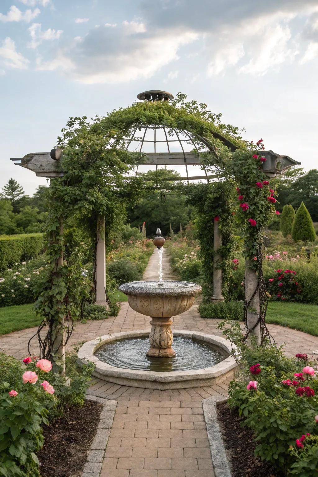 A serene arbor with a soothing water element nearby.