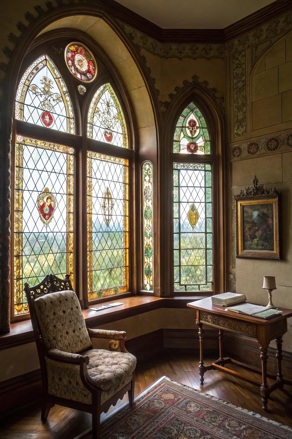 Vintage-style room with stained glass panels on arched windows.