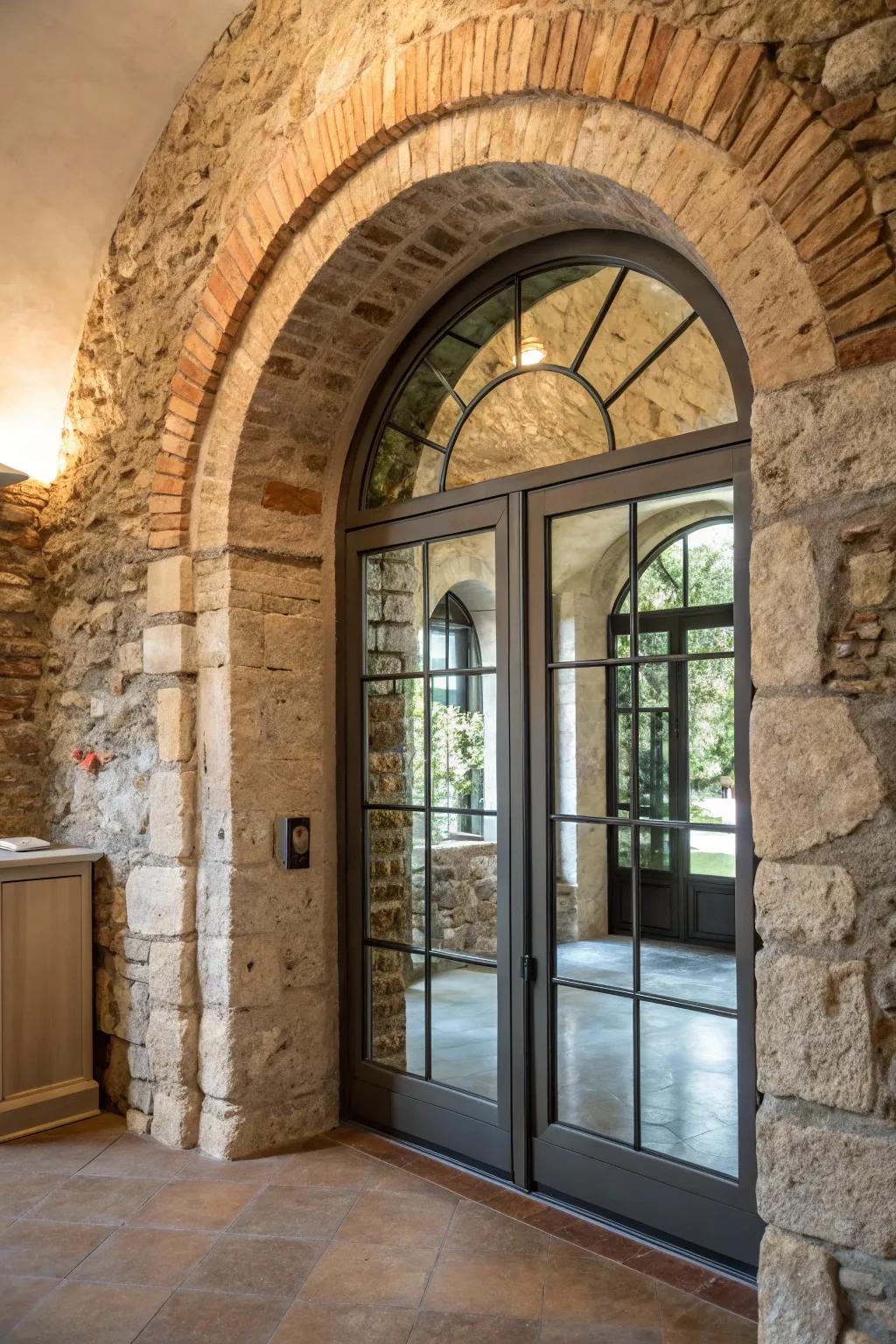 An archway door crafted from mixed materials, adding depth to the textured interior.