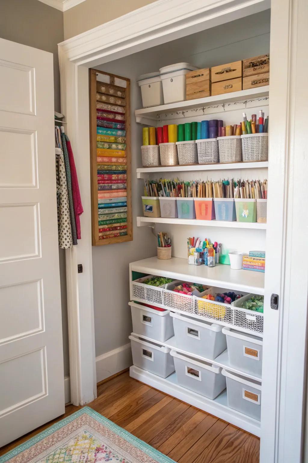 Turning a spare closet into a dedicated art supply storage keeps everything neatly in one place.