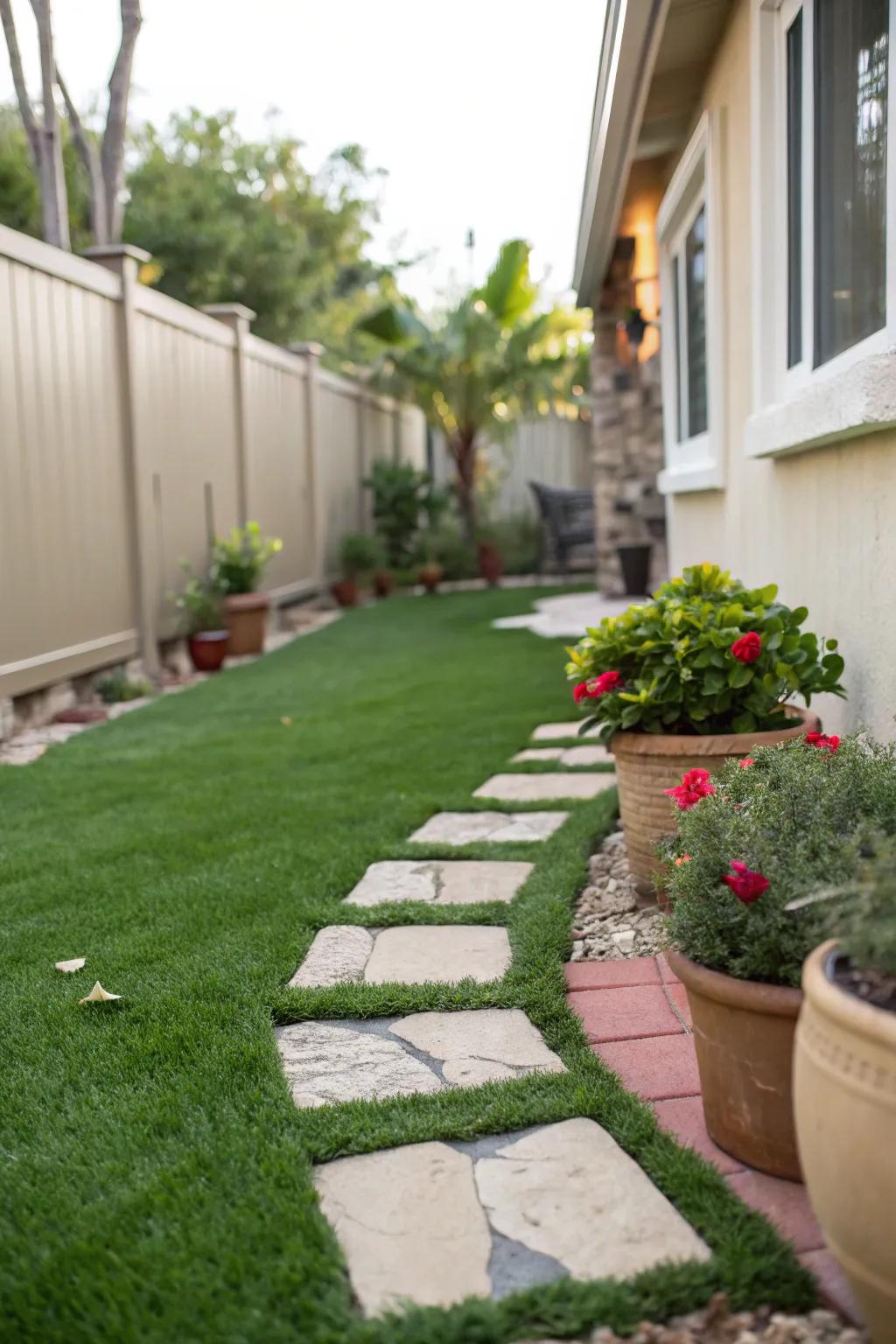 A charming side yard featuring lush synthetic turf.