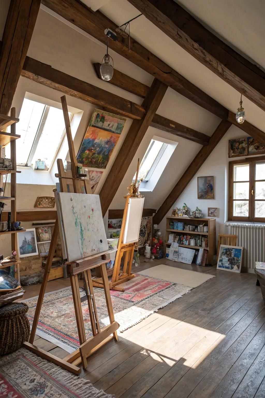 Find artistic inspiration in a sunlit attic art studio.