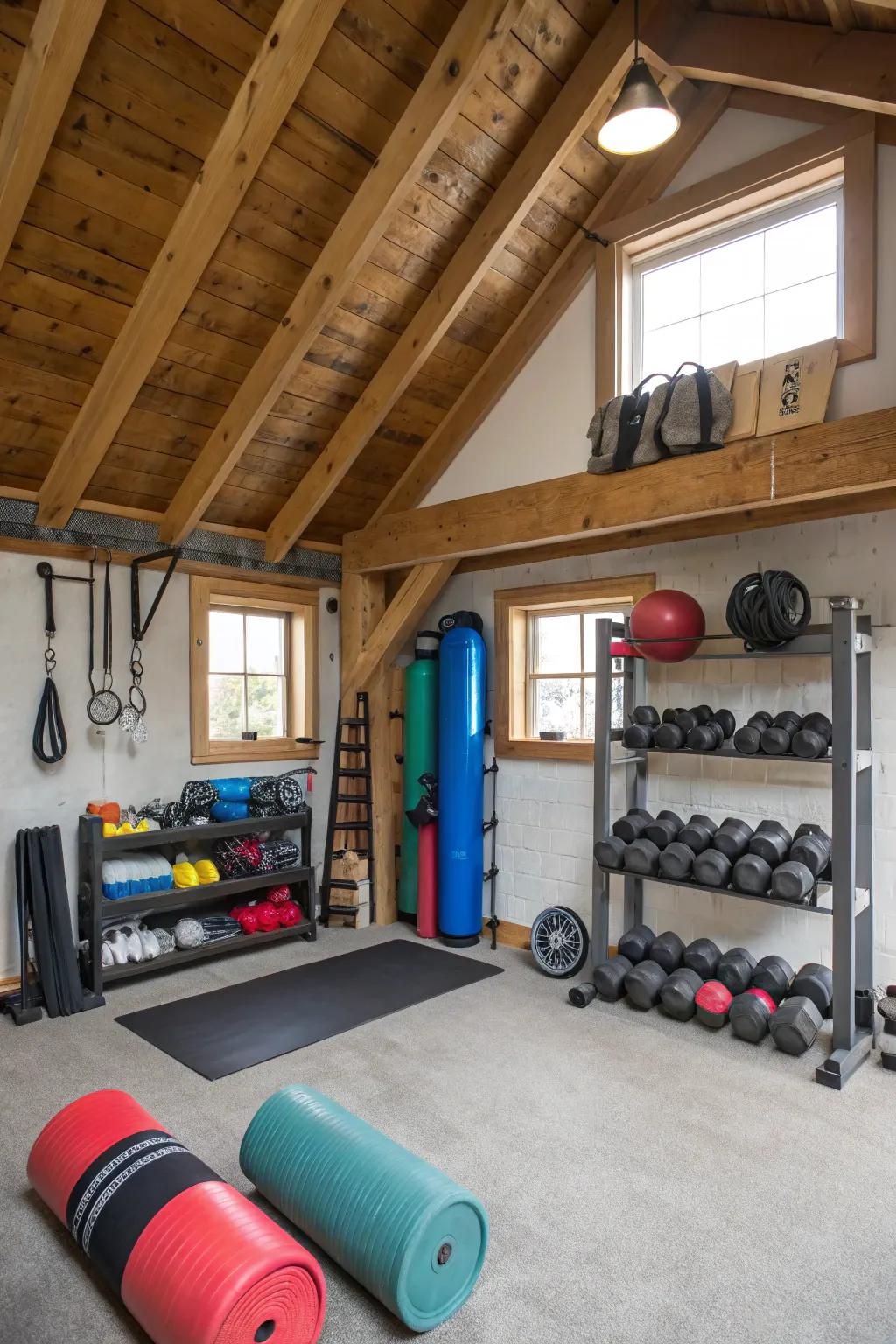 Effective storage options help keep your attic fitness area tidy.