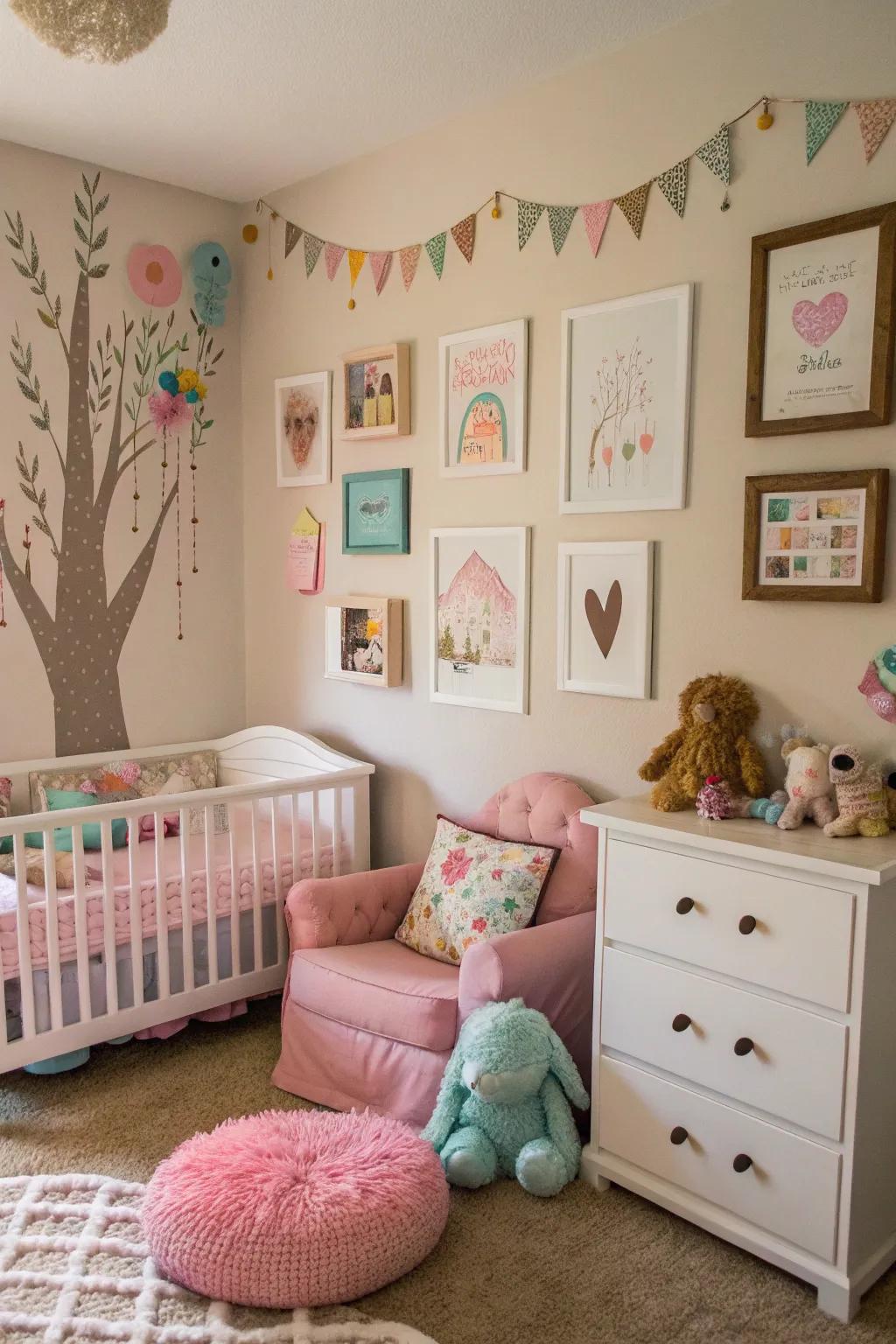 Handmade wall decor gives the space a unique touch.