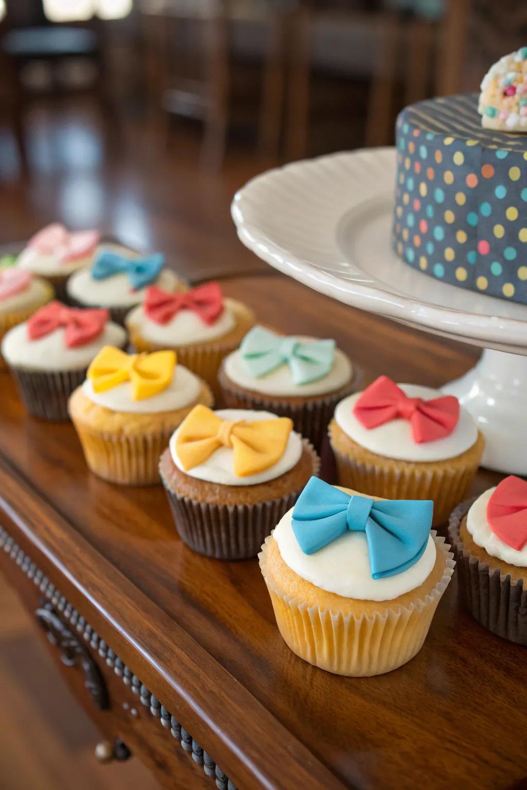 Cupcakes topped with bow ties contribute a touch of sophistication.