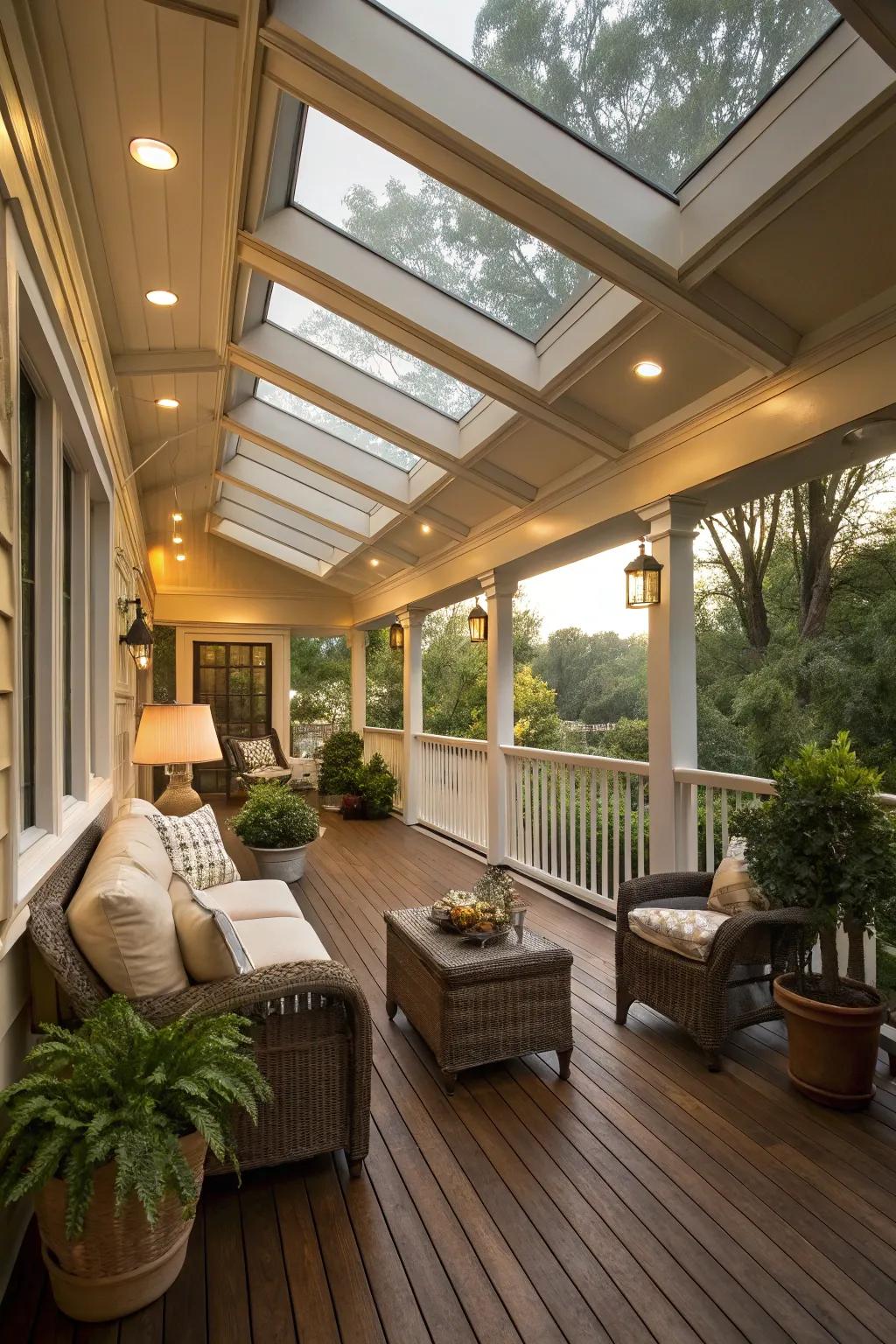 Permit natural light to flood in through skylights installed on your porch.