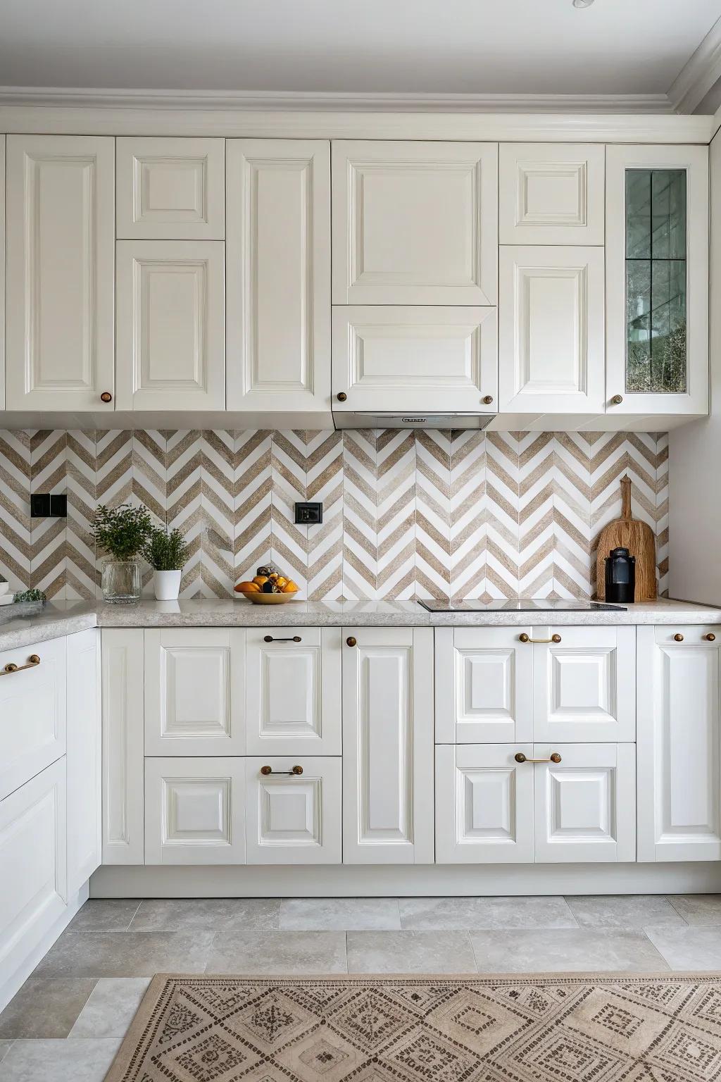 V-shaped patterns add dynamic energy to this white kitchen.