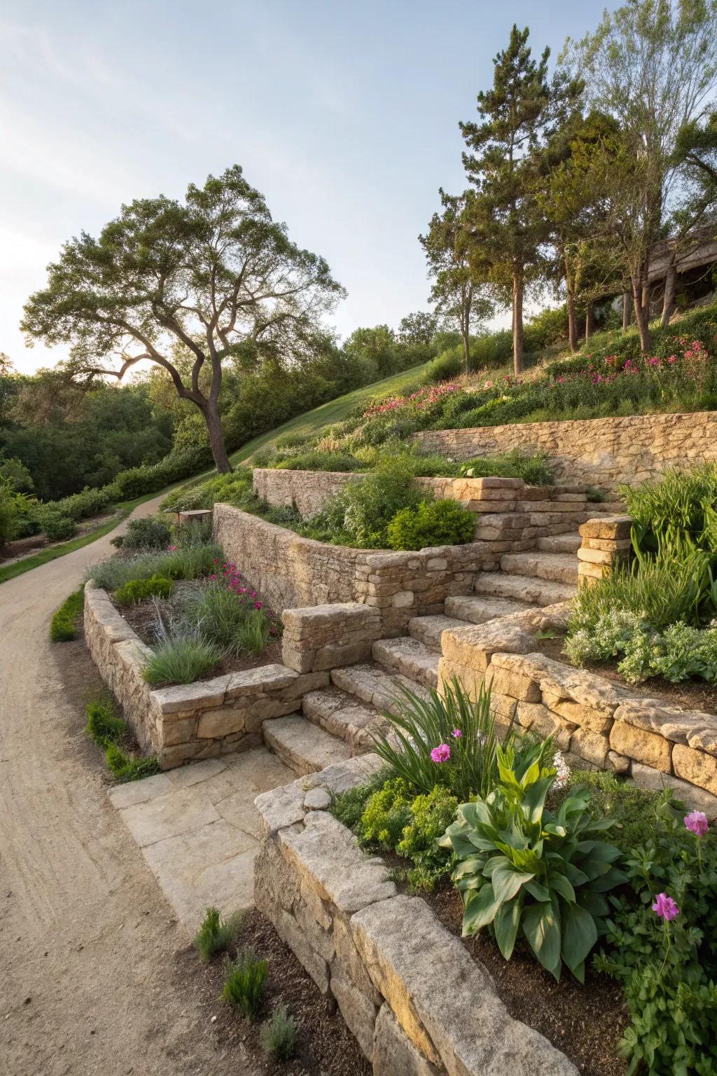 Layered gardens with crushed rock fines add depth and beauty to sloped landscapes.