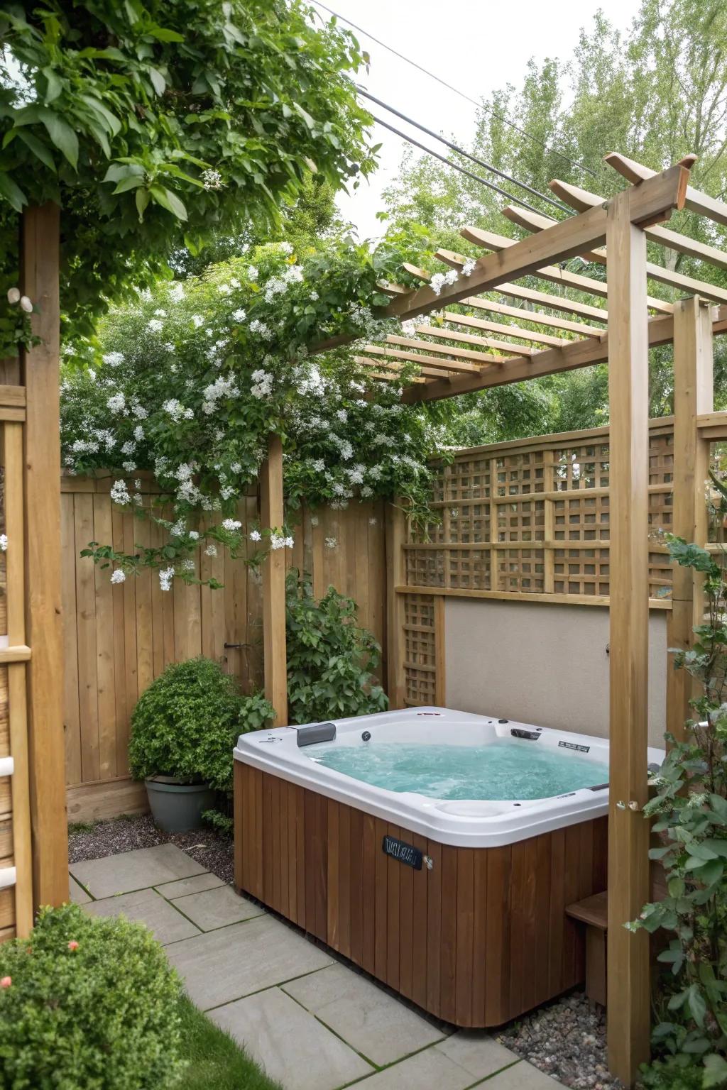 Trellises with climbing plants create a fragrant and private hot tub haven.