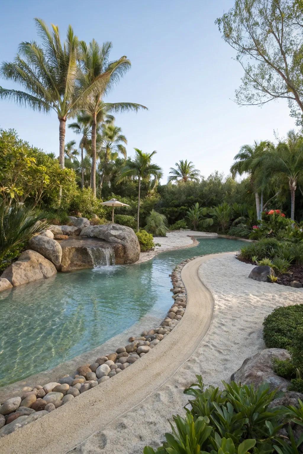A lazy river pool with a gradual shoreline entry for seamless access.