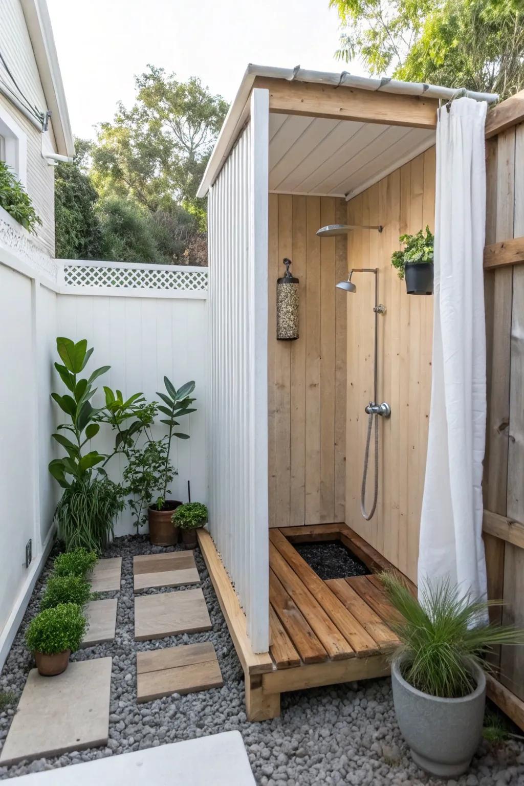 A chic, compact outdoor shower area best for small spaces.