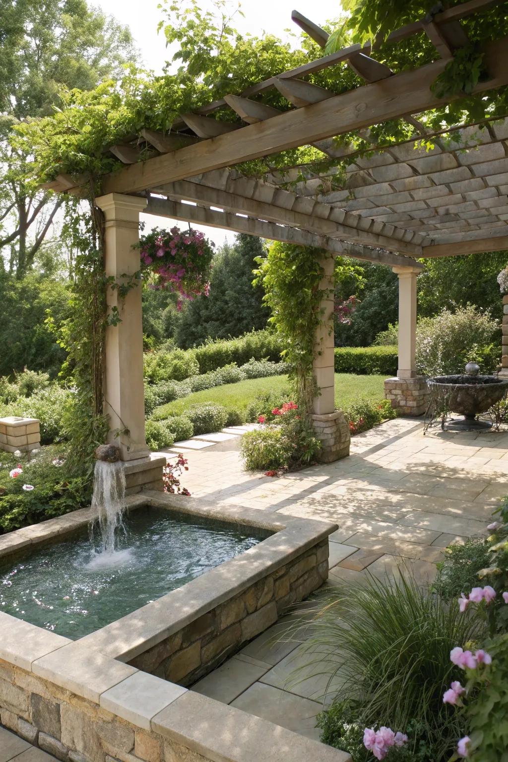 Water features add a calming element to pergola spaces.