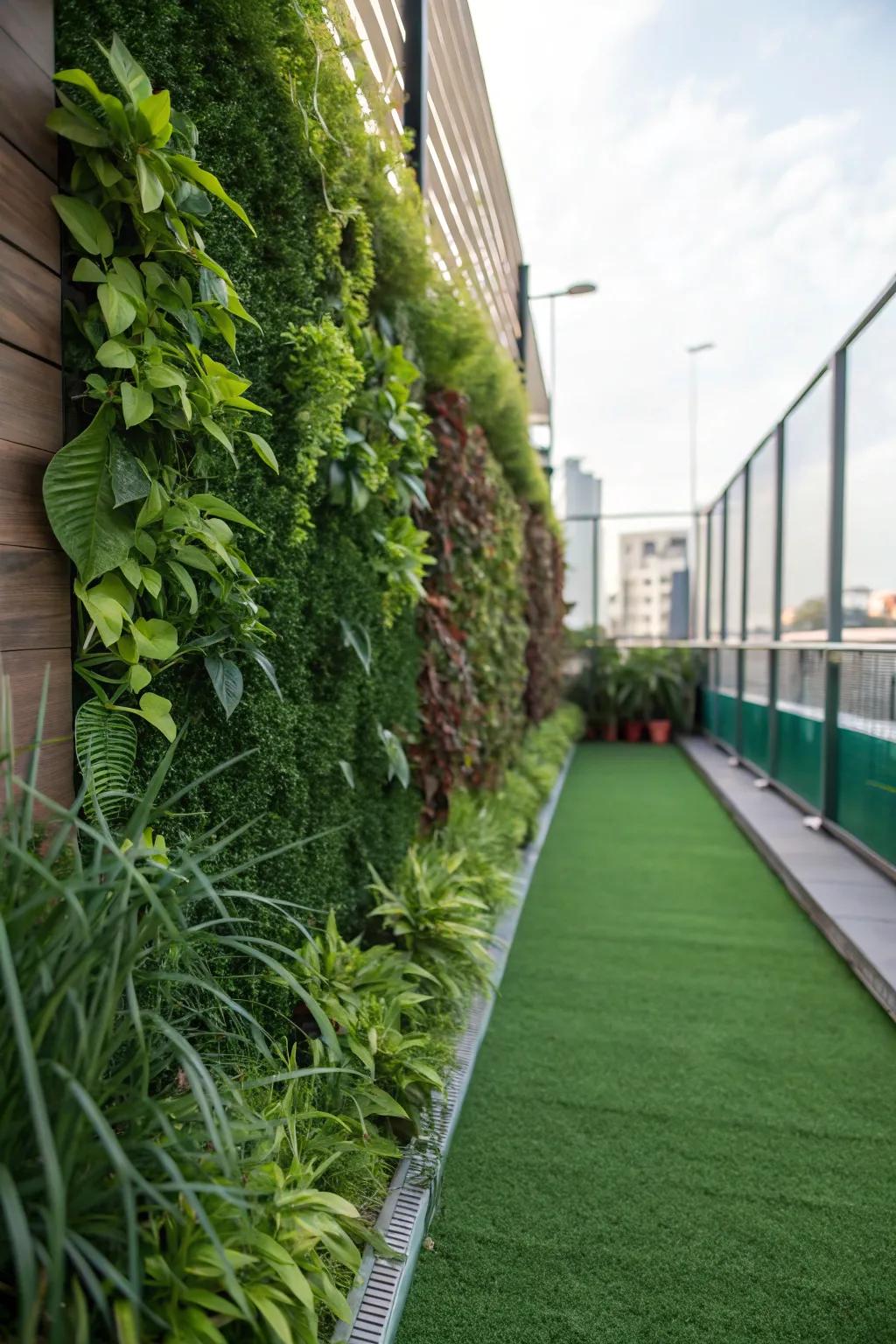 A green wall adding height to a artificial lawn area.