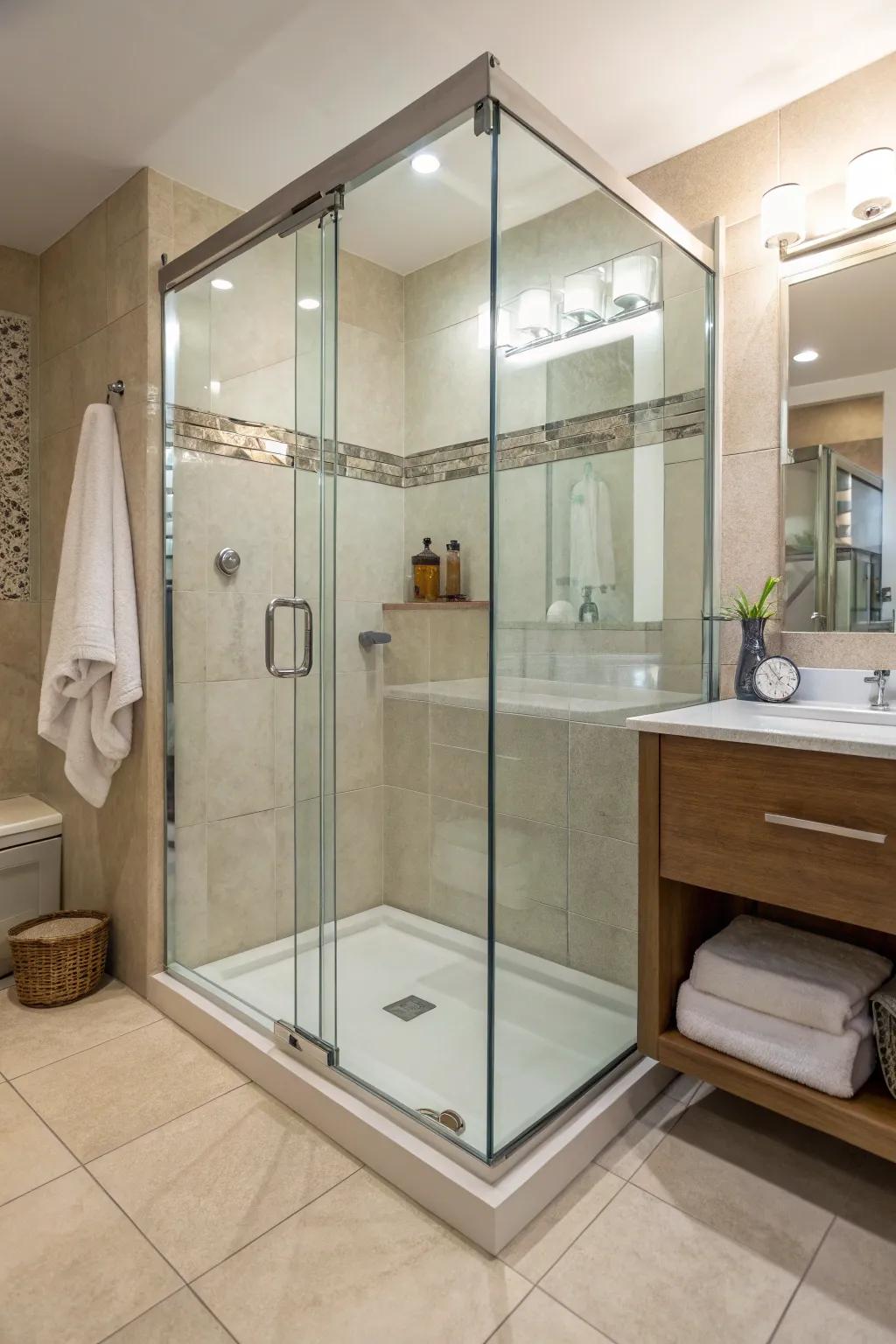 A bathroom with a clear glass shower screen that offers no privacy.