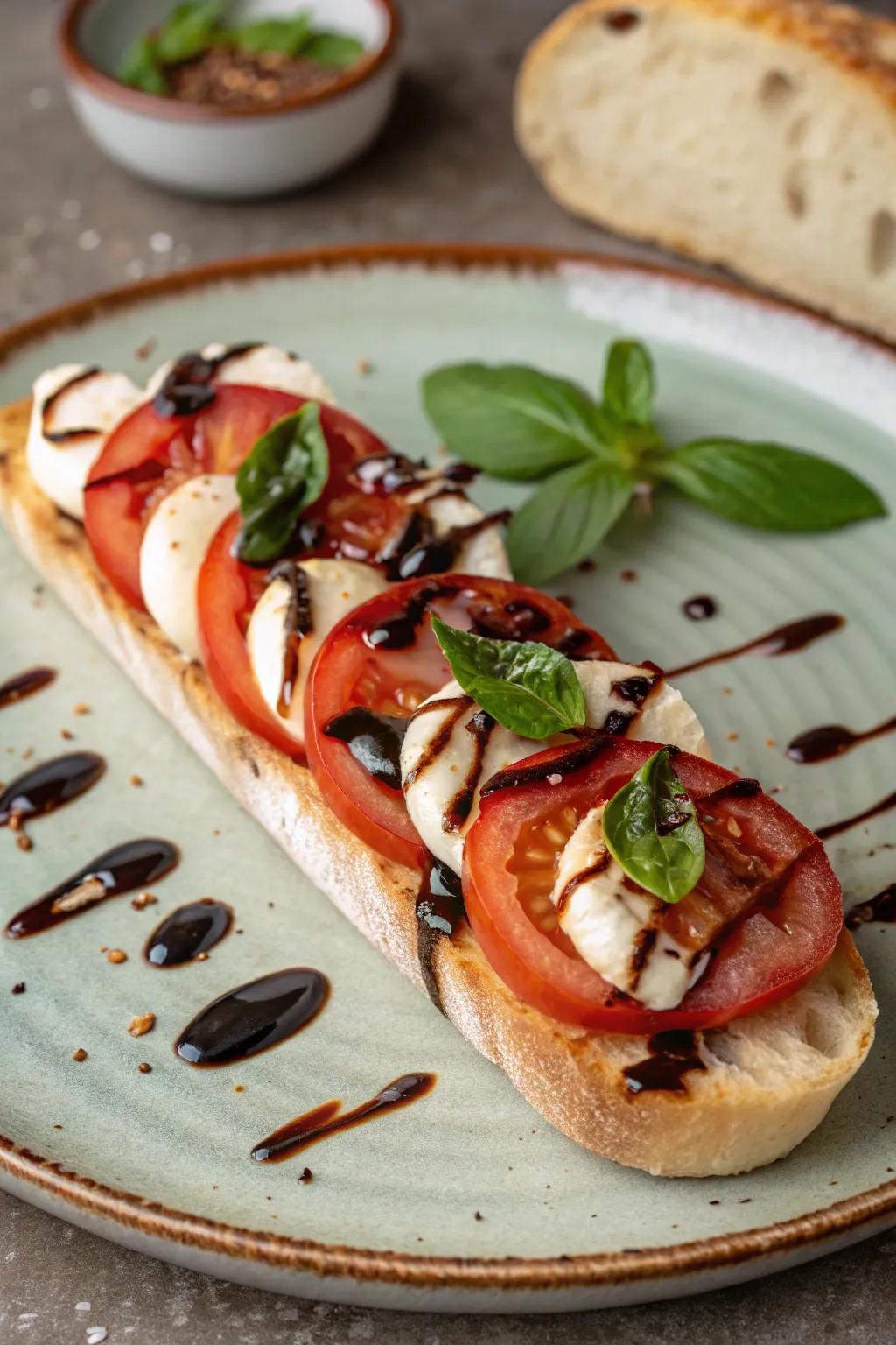 A Caprese French loaf with a balsamic refinement for enhanced richness.