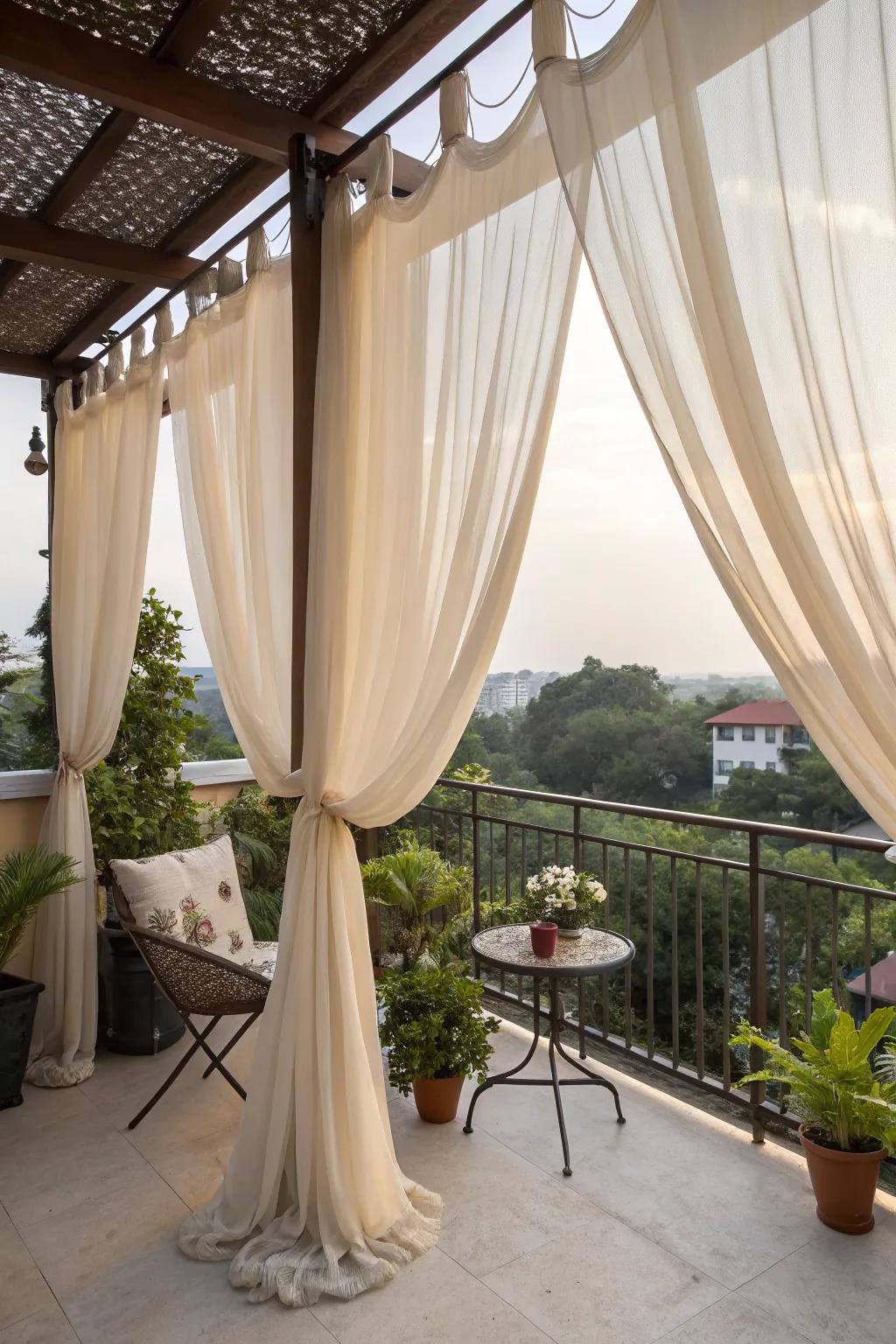A DIY canopy with curtains adding a personal touch to balcony shade.