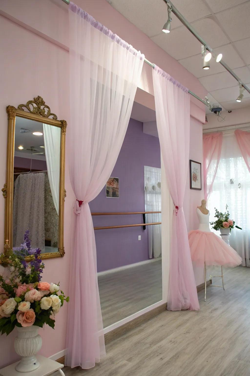 Graceful window coverings enhance the room's delicate elegance.