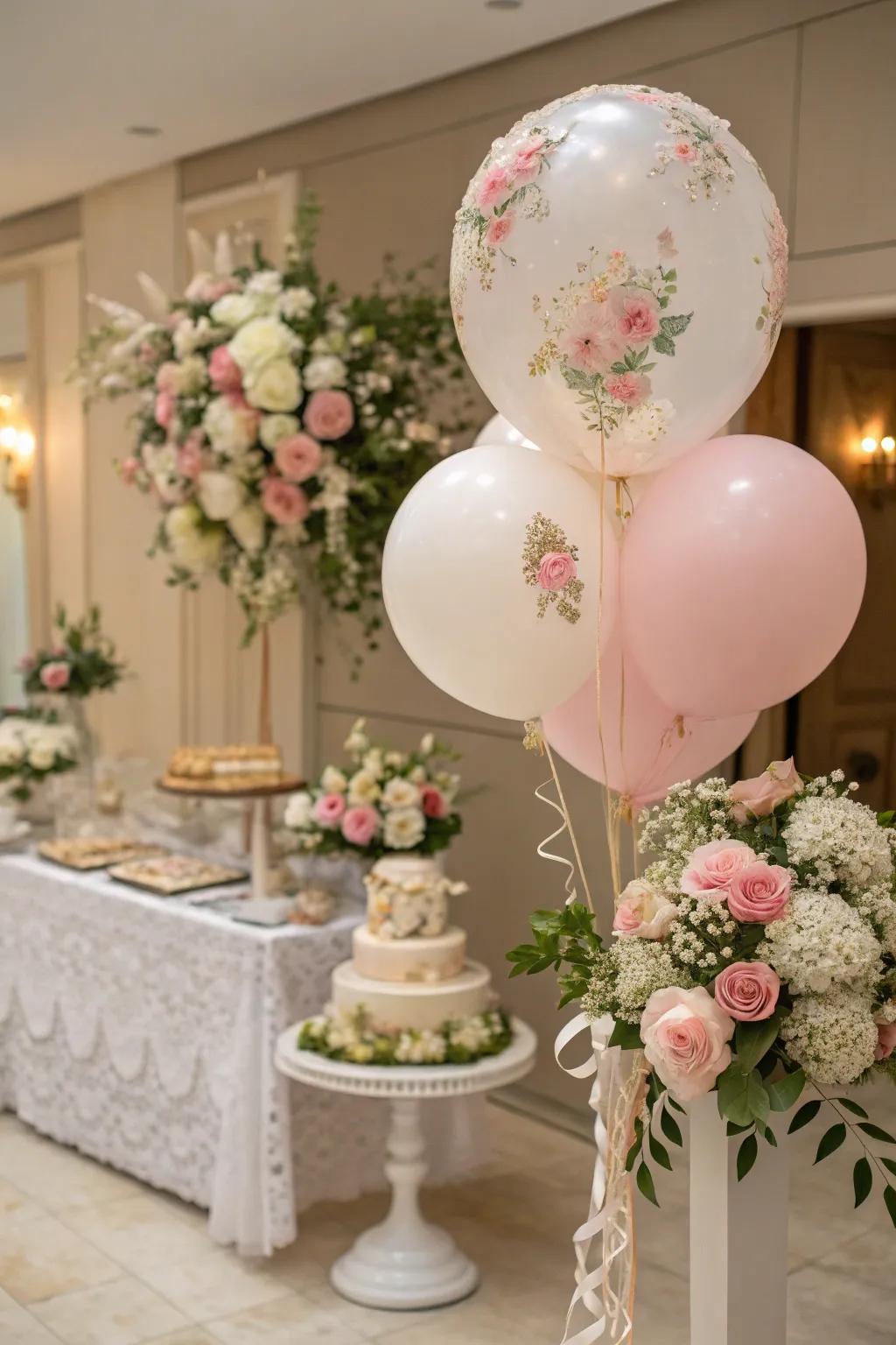 Balloons with botanical embellishments create a fresh and elegant look.