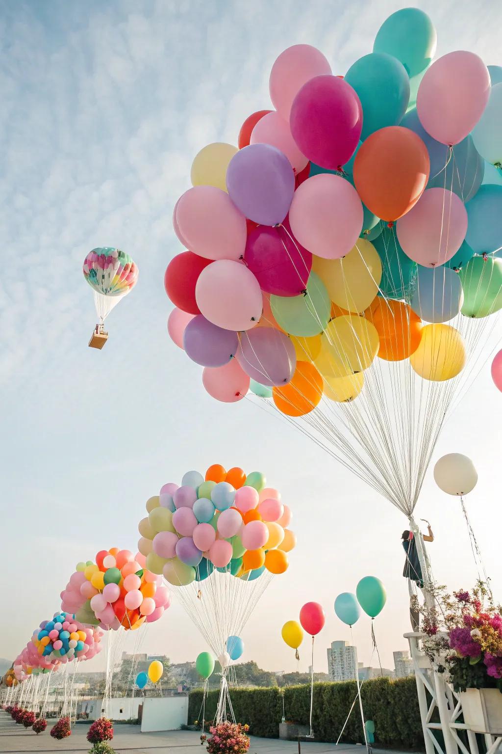 Levitating balloon bundles create a surreal and vibrant spectacle.
