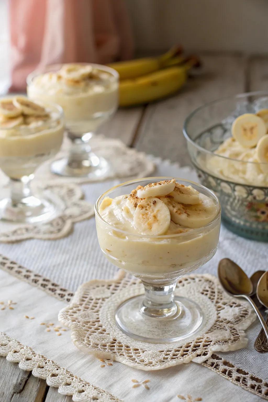 Classic glassware adds a nostalgic charm to banana pudding.