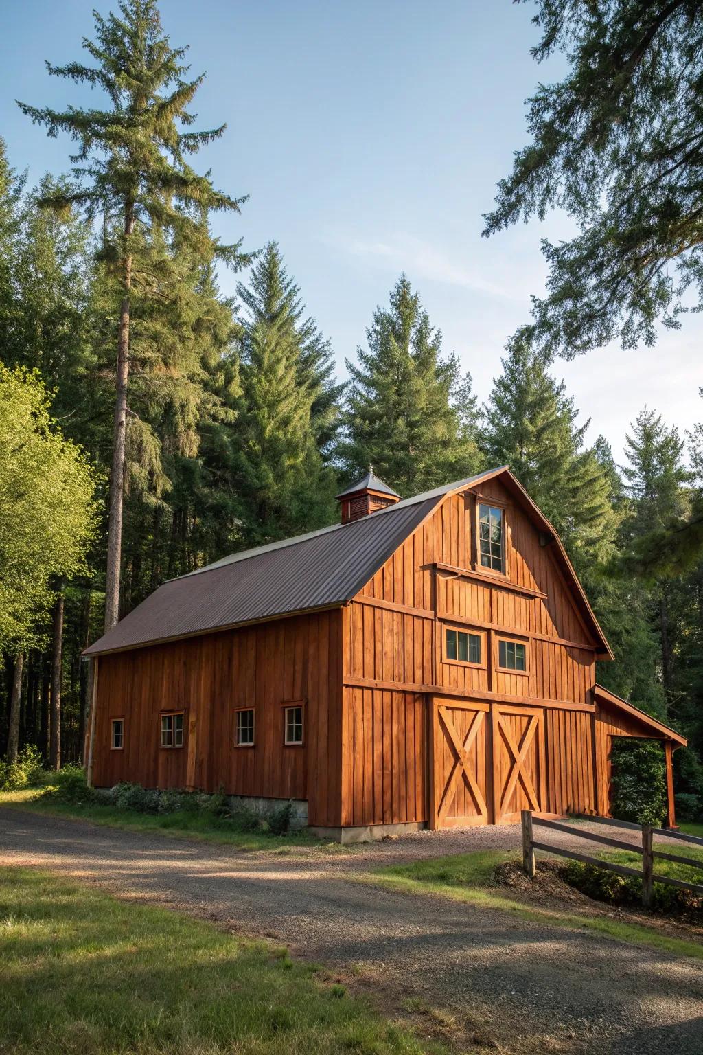 A cedar-treated barn that radiates warmth and natural beauty.